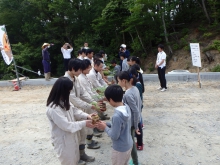 北桑田高校生から大宮南小学校児童へ苗贈呈